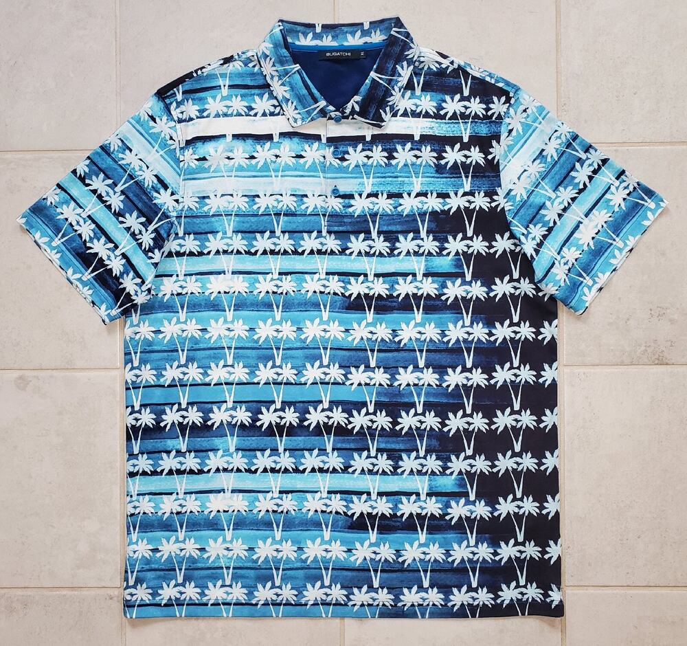 Bugatchi Men's XL Blue Palm Tree Print Short Sleeve Polo Shirt Mecerized Cotton